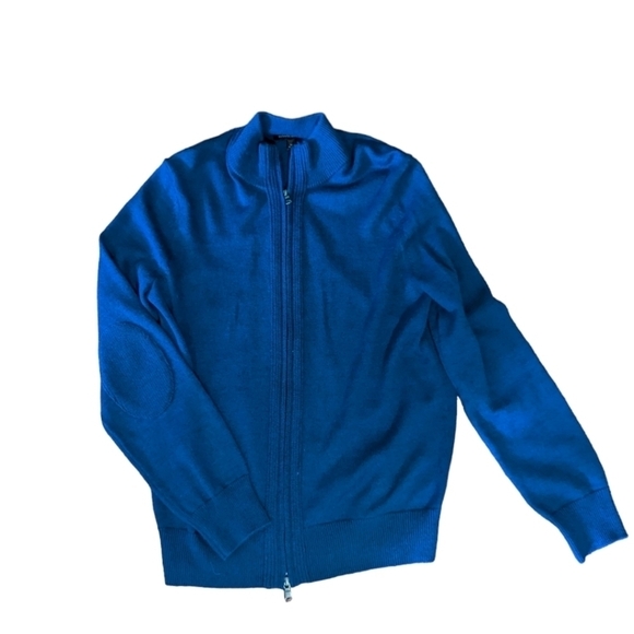 Banana Republic blue merino wool blend full zip front Cardigan elbow patches M - Picture 7 of 8